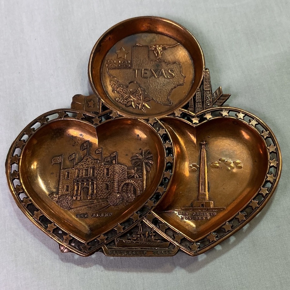 Vintage Texas Copper Tone 3 Section Souvenir Tray Alamo San Jacinto Japan